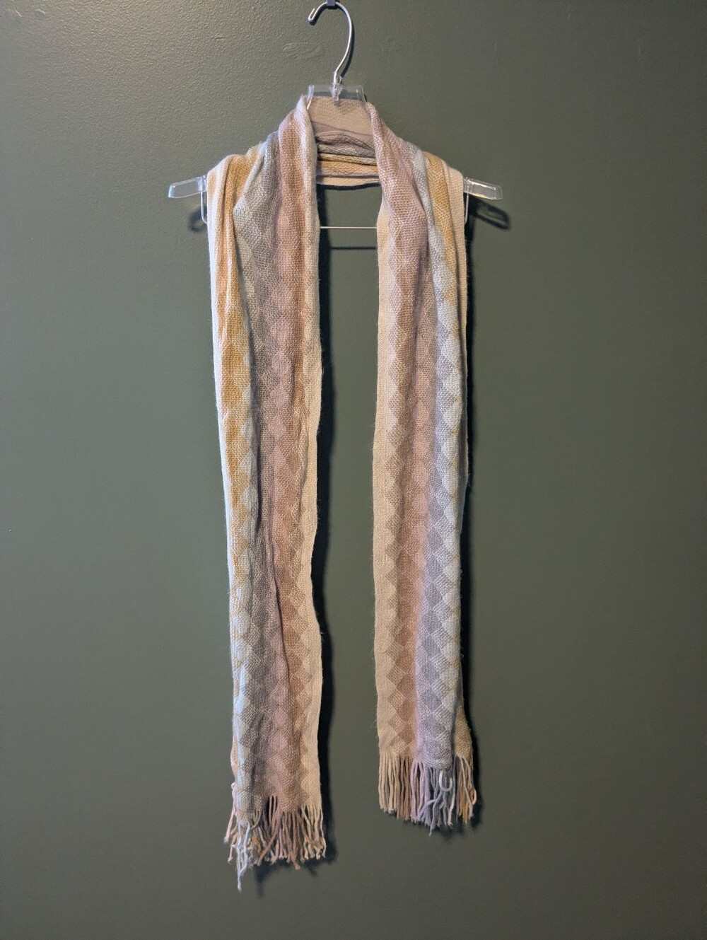 Long Woven Fringe Scarf in Soft Beige and Light Pink